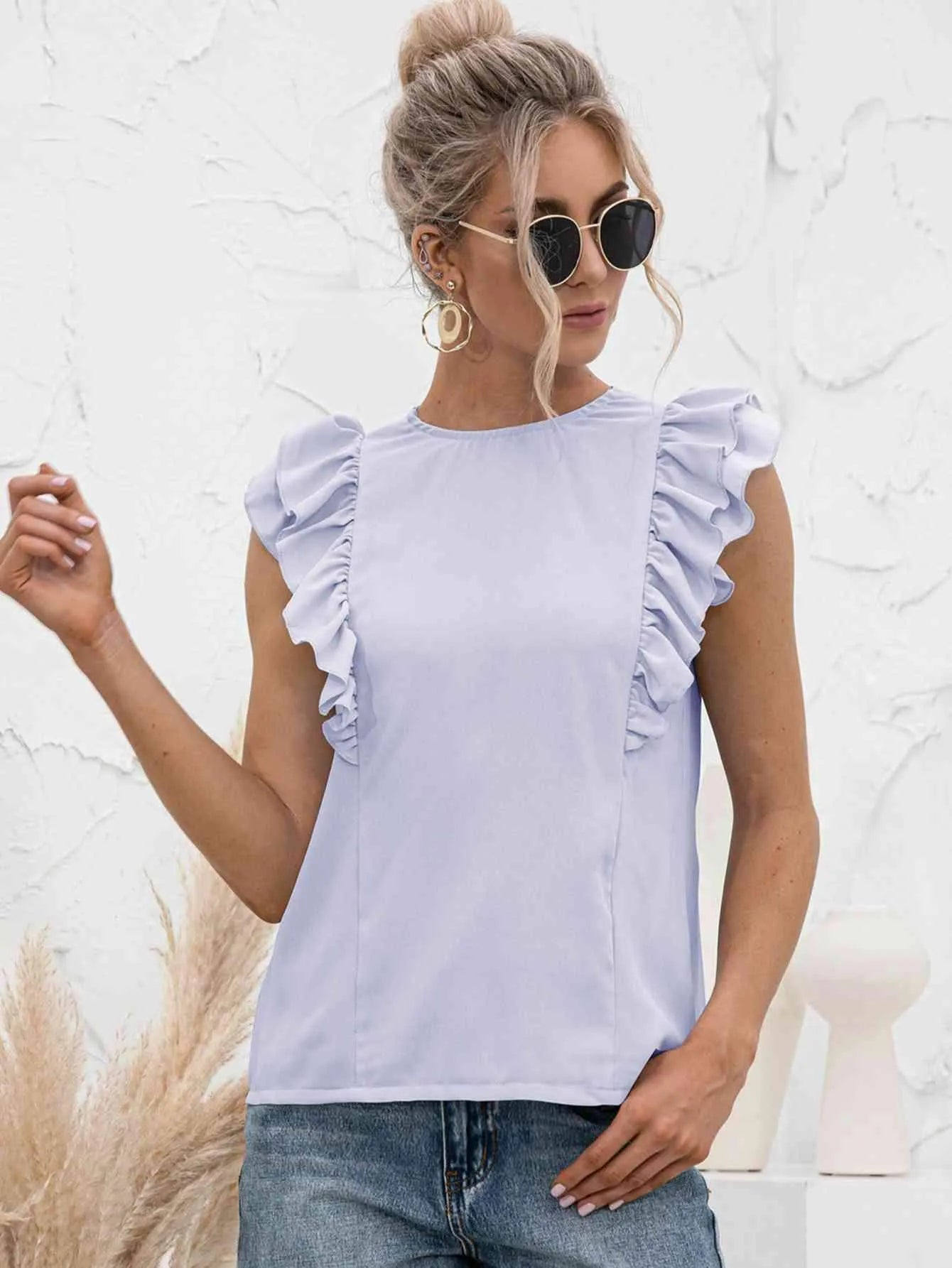 Round Neck Tied Open Back Flutter Sleeve Top Blouses - Tophatter Daily Deals