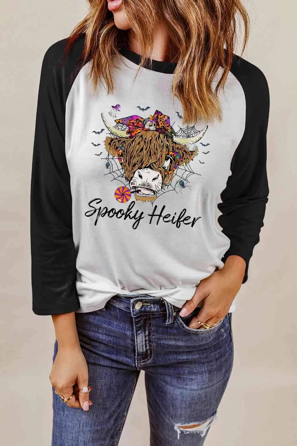 Round Neck Raglan Sleeve Halloween Theme T-Shirt White - Tophatter Daily Deals
