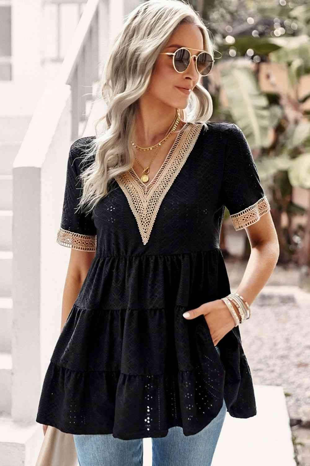 Contrast Short Sleeve Tiered Blouse Blouses - Tophatter Daily Deals