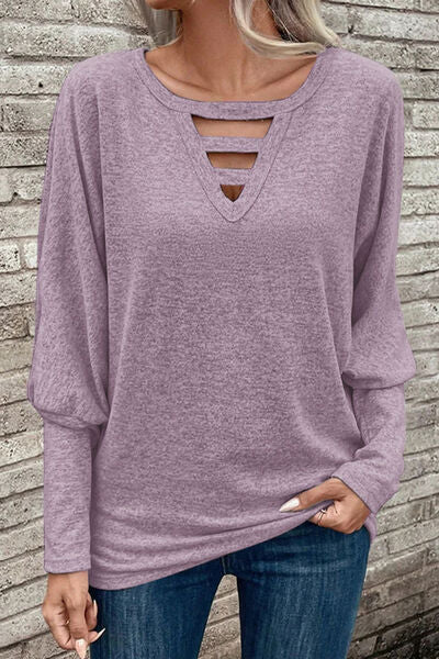 Cutout Round Neck Long Sleeve T-Shirt Moonlit Mauve Women's T-Shirts - Tophatter Daily Deals