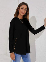 Decorative Button Round Neck Long Sleeve T-Shirt Women's T-Shirts - Tophatter Daily Deals