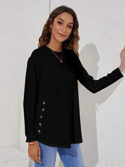 Decorative Button Round Neck Long Sleeve T-Shirt Women's T-Shirts - Tophatter Daily Deals