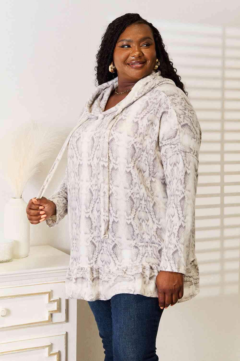 Jade By Jane Full Size Snakeskin Print Ruffle Hem Hoodie Blouses - Tophatter Daily Deals