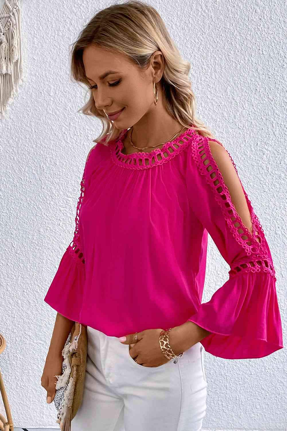 Cutout Long Sleeve Round Neck Blouse Blouses - Tophatter Daily Deals