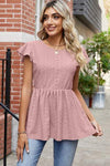 Tied Ruffled Round Neck Peplum T-Shirt Pale Blush Women's T-Shirts - Tophatter Daily Deals