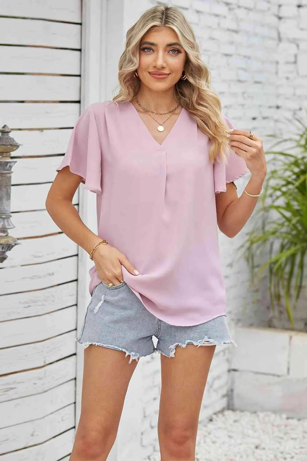 V-Neck Flutter Sleeve Blouse Blouses - Tophatter Daily Deals