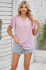 V-Neck Flutter Sleeve Blouse Blouses - Tophatter Daily Deals