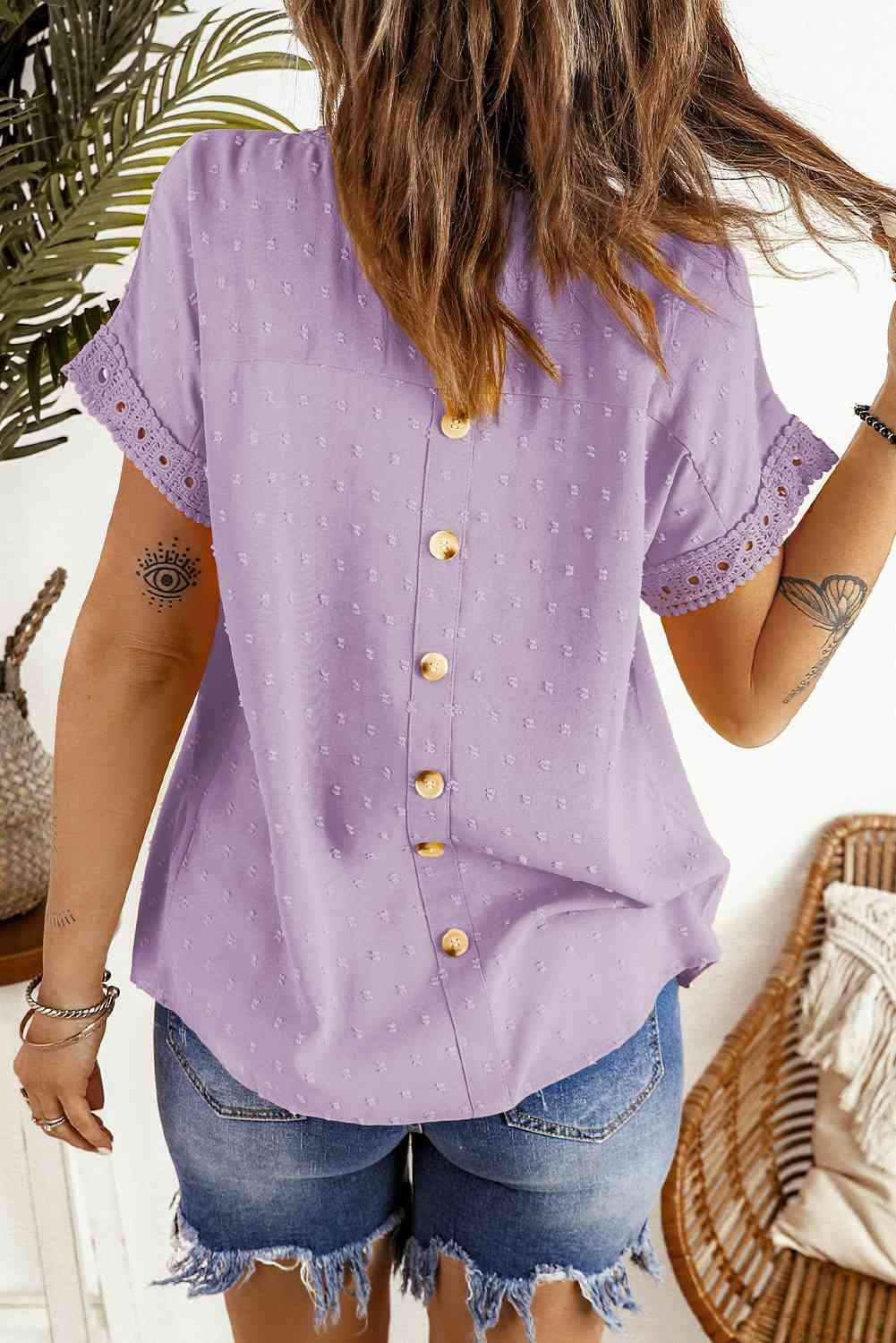 Swiss Dot Decorative Button Short Sleeve Blouse Blouses - Tophatter Daily Deals