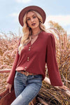 V-Neck Balloon Sleeve Button-Up Blouse Blouses - Tophatter Daily Deals