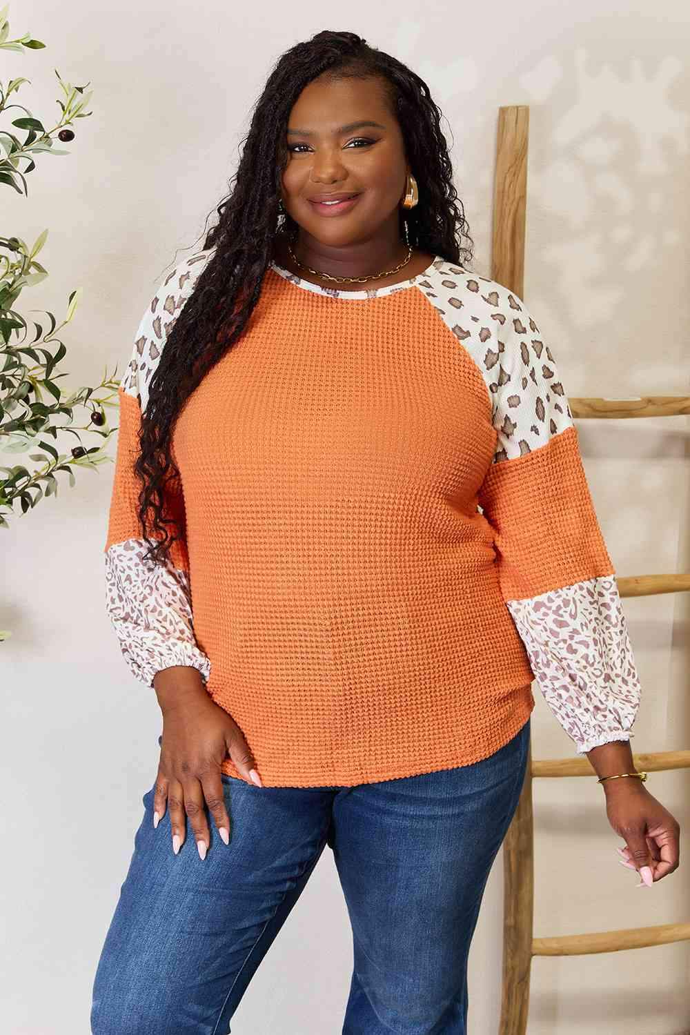 Double Take Leopard Waffle-Knit Long Sleeve Blouse Pumpkin Blouses - Tophatter Daily Deals