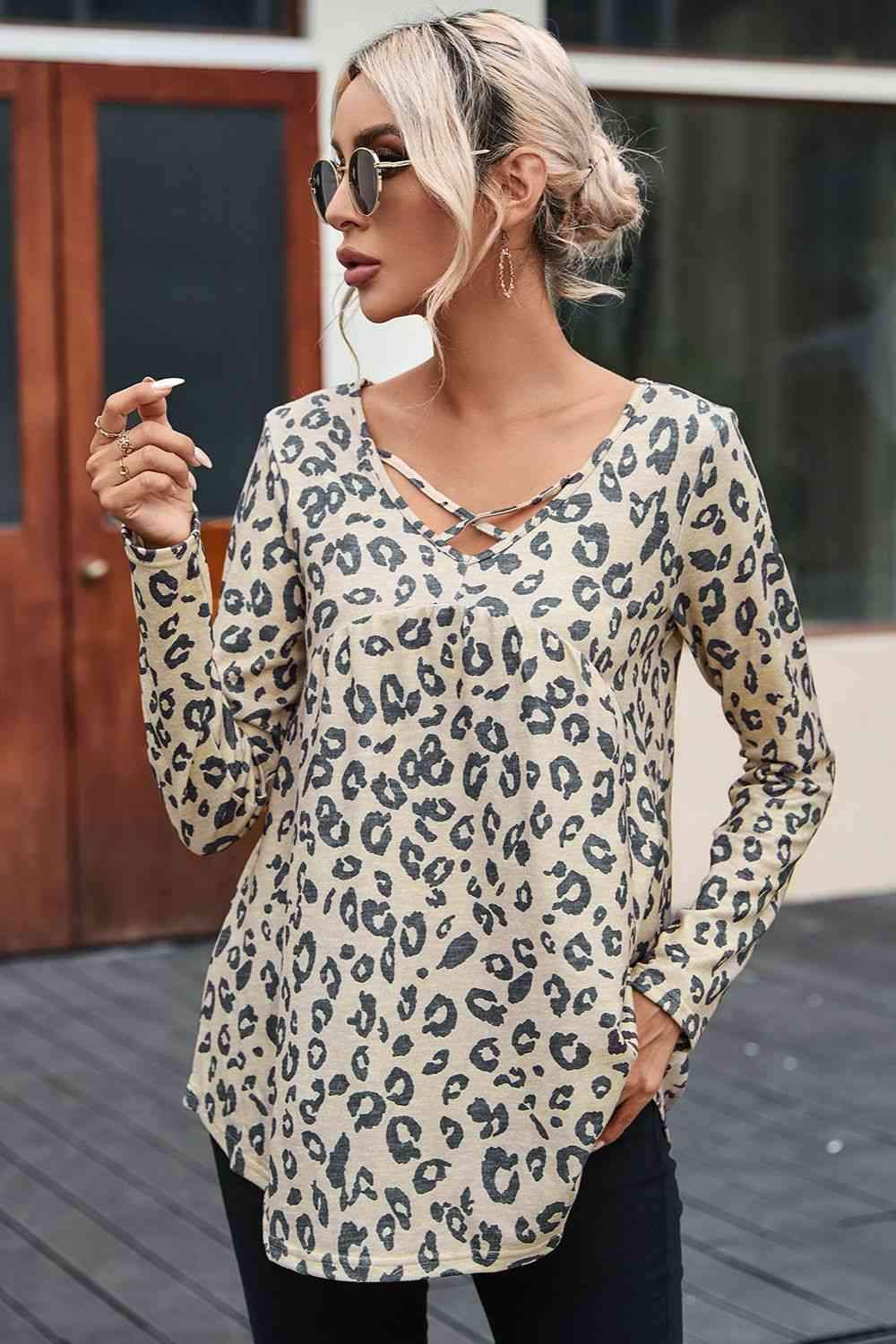 Leopard Crisscross V-Neck T-Shirt Women's T-Shirts - Tophatter Daily Deals