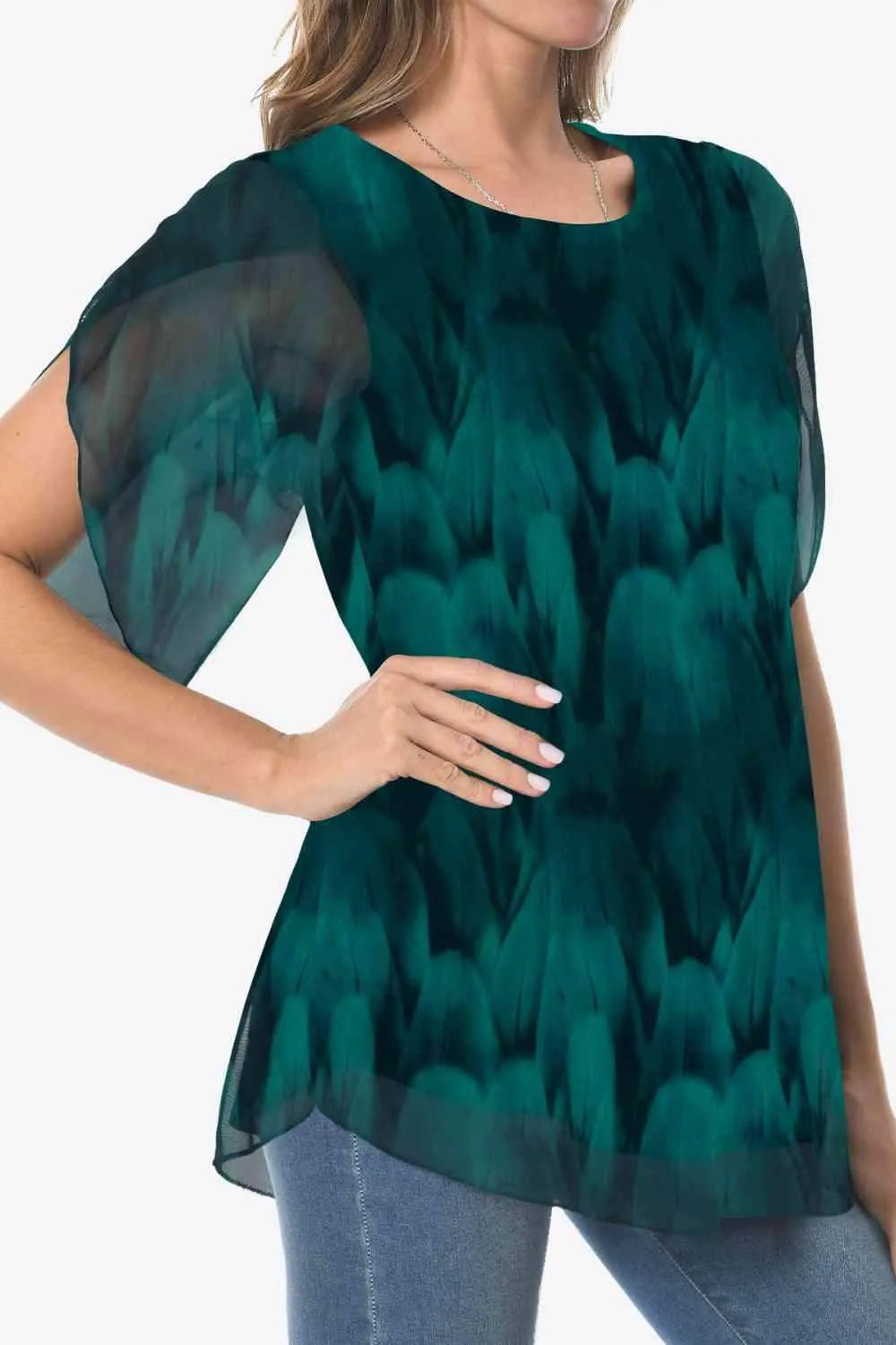 Printed Round Neck Curved Hem Blouse Blouses - Tophatter Daily Deals