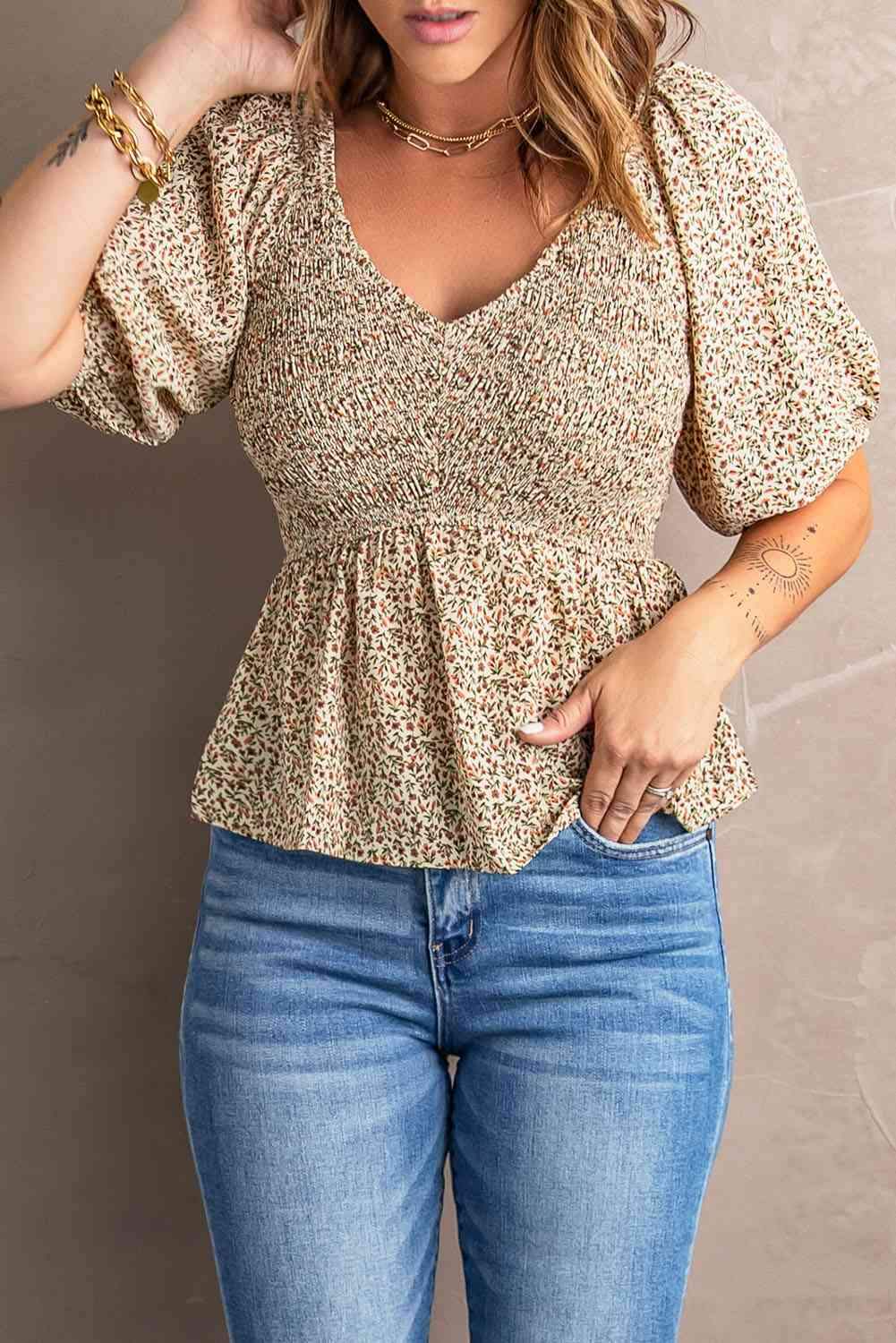 Smocked Balloon Sleeve Peplum Blouse Blouses - Tophatter Daily Deals