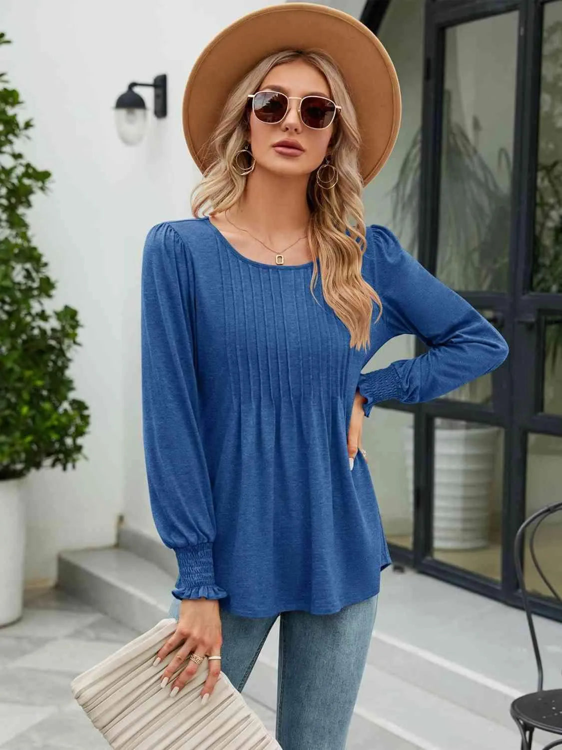 Smocked Round Neck Lantern Sleeve Blouse Peacock Blue Blouses - Tophatter Daily Deals