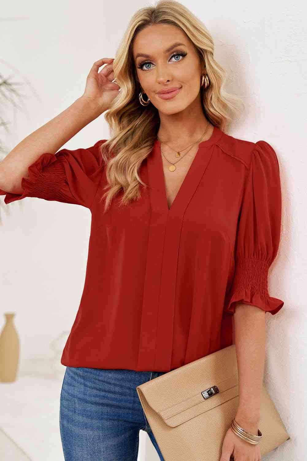 Smocked Flounce Sleeve Notched Neck Blouse Deep Red Blouses - Tophatter Daily Deals