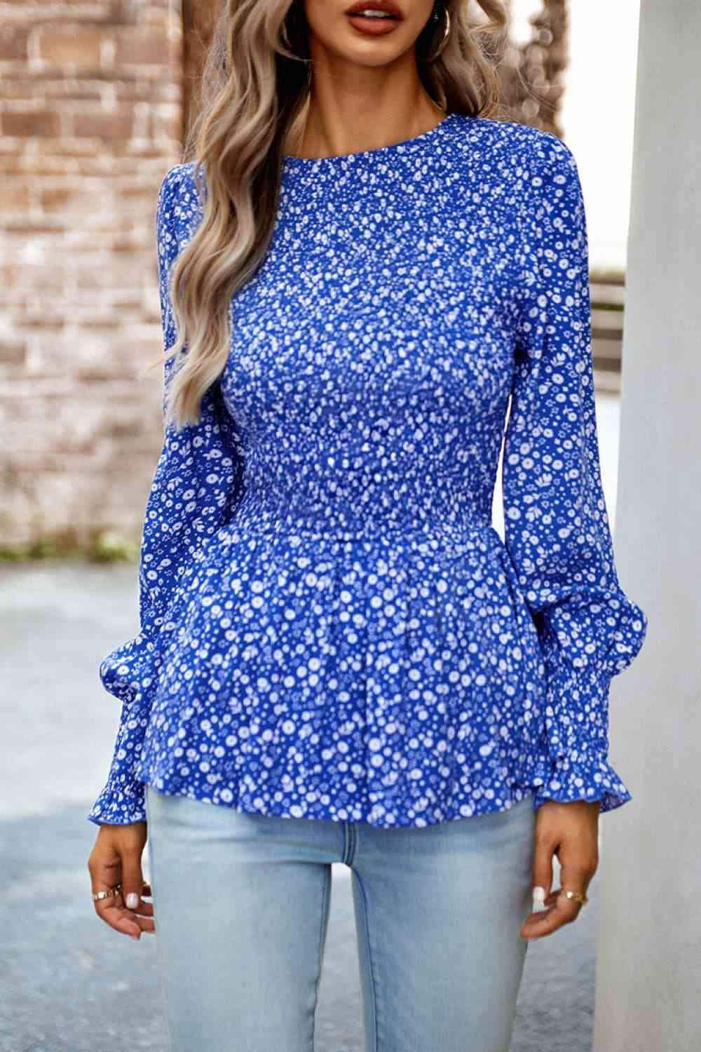 Round Neck Flounce Sleeve Peplum Top Cobalt Blue Blouses - Tophatter Daily Deals