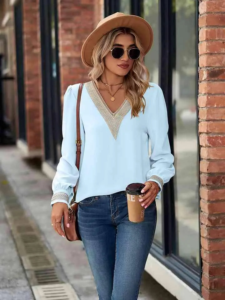 V-Neck Long Sleeve Blouse Pastel Blue Blouses - Tophatter Daily Deals