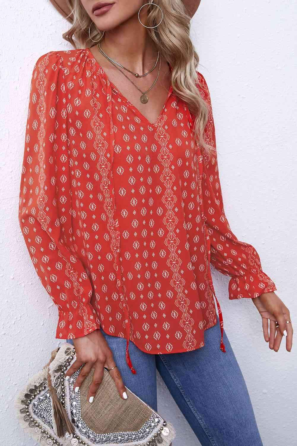 Printed Tie Neck Flounce Sleeve Top Blouses - Tophatter Daily Deals
