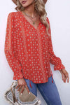 Printed Tie Neck Flounce Sleeve Top Blouses - Tophatter Daily Deals