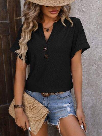 Eyelet Notched Short Sleeve T-Shirt Black Women's T-Shirts - Tophatter Daily Deals