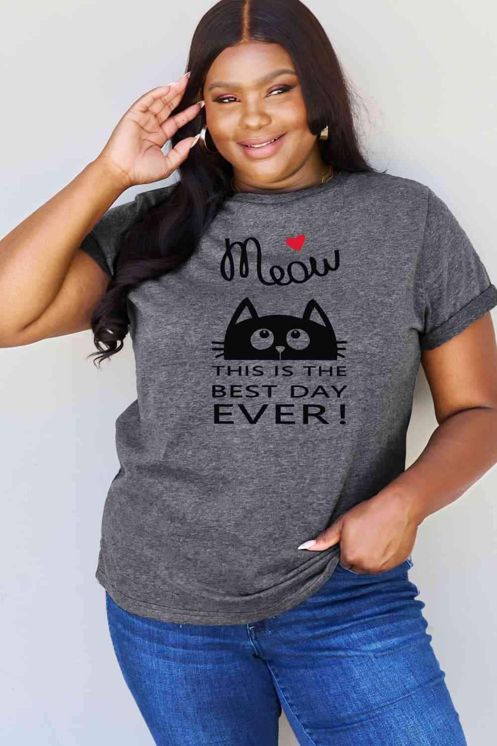 Simply Love Full Size MEOW THIS IS THE BEST DAY EVER! Graphic Cotton T-Shirt Women's T-Shirts - Tophatter Daily Deals