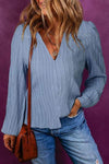 Texture Buttoned V-Neck Long Sleeve Blouse Misty Blue Blouses - Tophatter Daily Deals