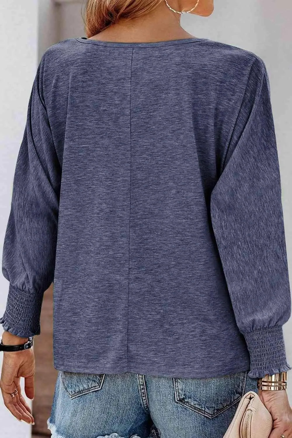 Round Neck Smocked Long Sleeve Blouse Blouses - Tophatter Daily Deals