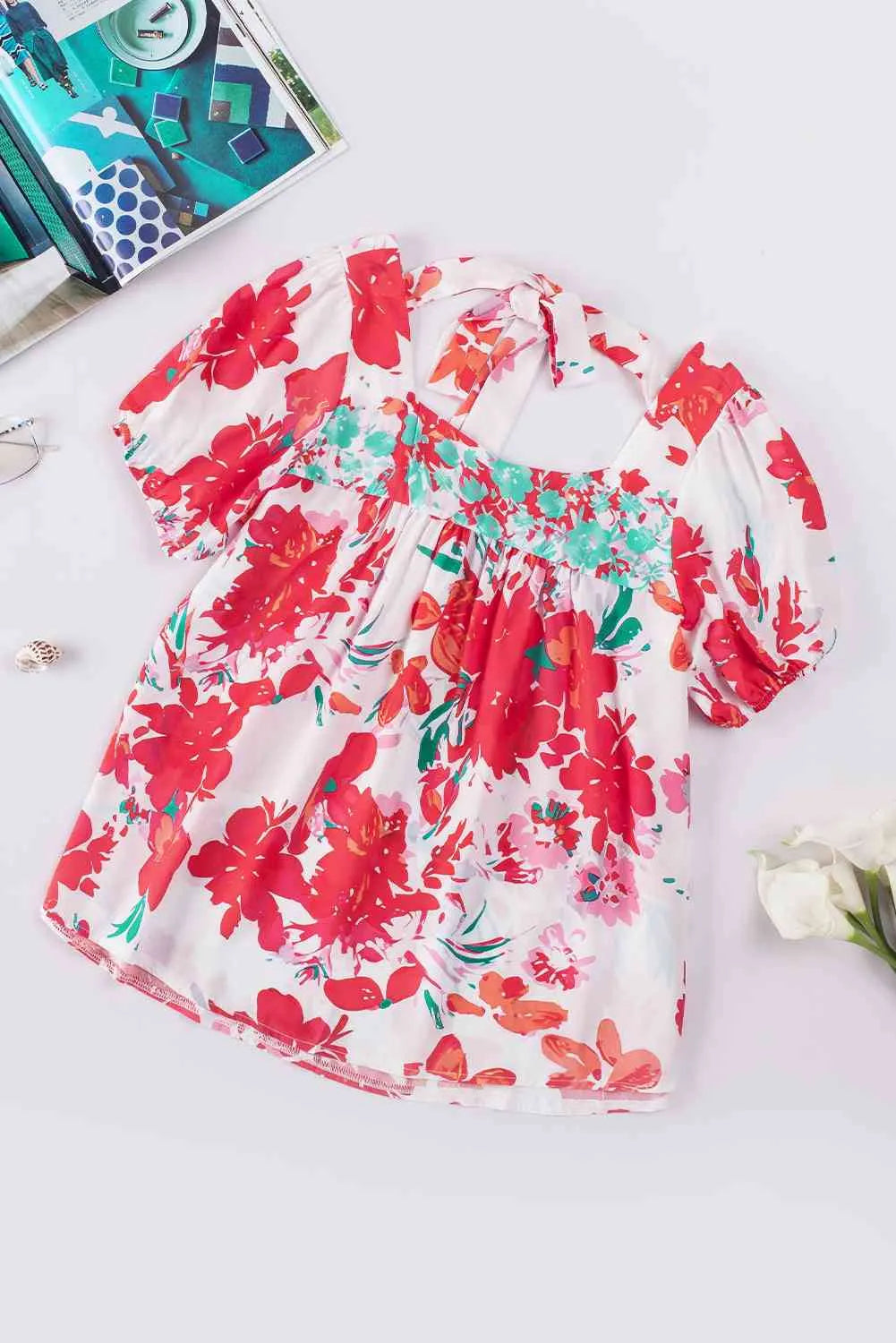 Floral Tie Back Square Neck Blouse Blouses - Tophatter Daily Deals