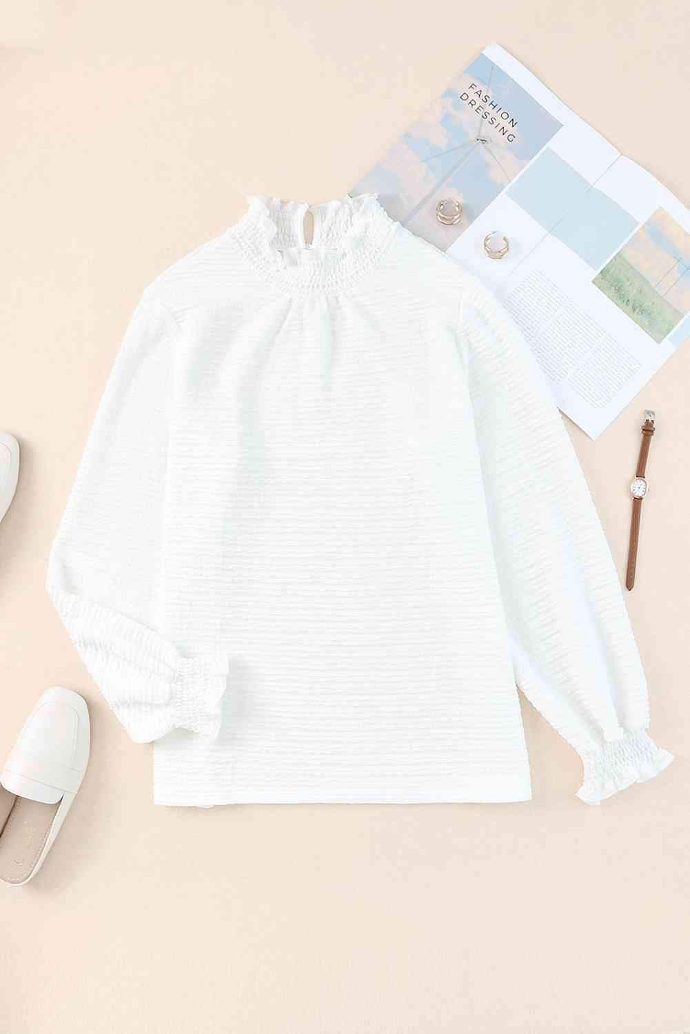 Frill Trim Balloon Sleeve Textured Blouse Blouses - Tophatter Daily Deals