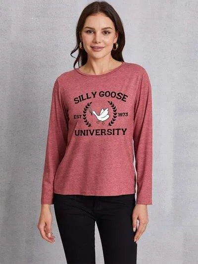 SILLY GOOSE UNIVERSITY Long Sleeve T-Shirt Light Mauve Women's T-Shirts - Tophatter Daily Deals