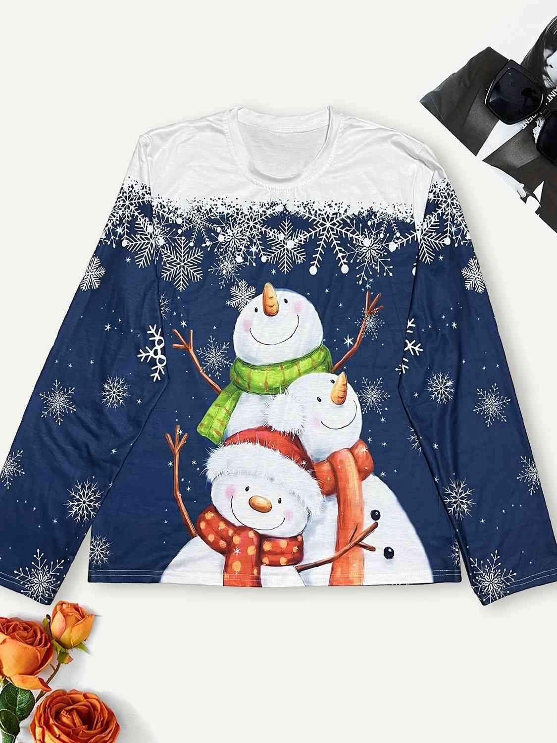 Plus Size Snowman & Snowflake Round Neck T-Shirt Women's T-Shirts - Tophatter Daily Deals