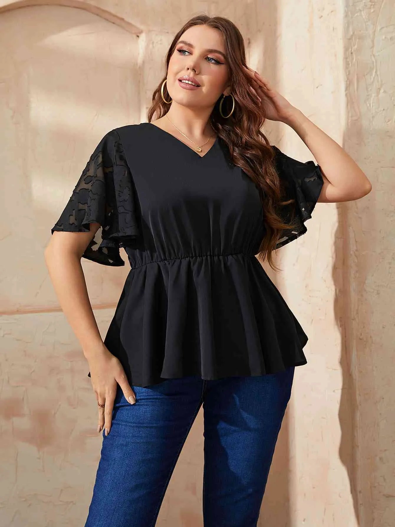 Plus Size V-Neck Flutter Sleeve Babydoll Blouse Blouses - Tophatter Daily Deals