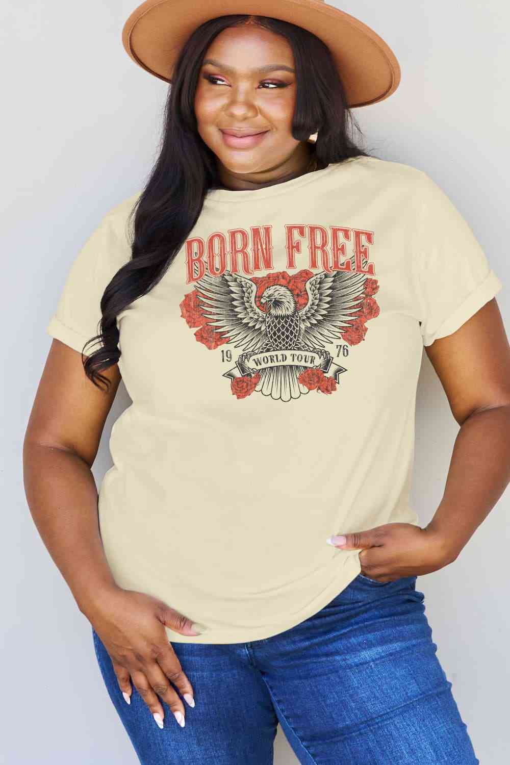 Simply Love Full Size BORN FREE 1976 WORLD TOUR Graphic Cotton T-Shirt Ivory Women's T-Shirts - Tophatter Daily Deals