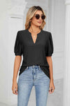 Eyelet Short Puff Sleeve Notched Neck Top Black Blouses - Tophatter Daily Deals