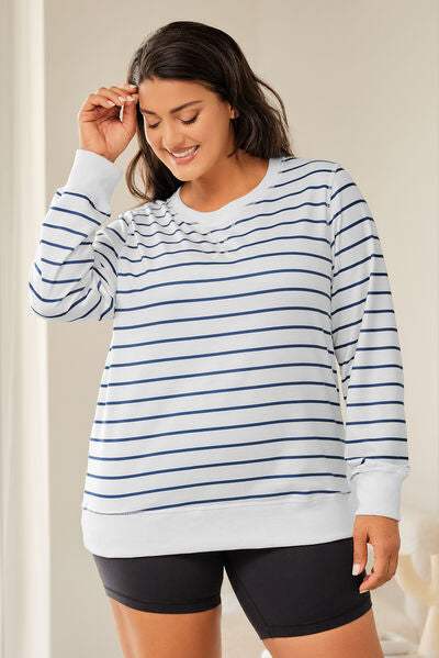 Plus Size Striped Round Neck Long Sleeve T-Shirt Women's T-Shirts - Tophatter Daily Deals