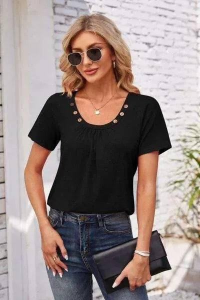 Decorative Button Scoop Neck T-Shirt Women's T-Shirts - Tophatter Daily Deals
