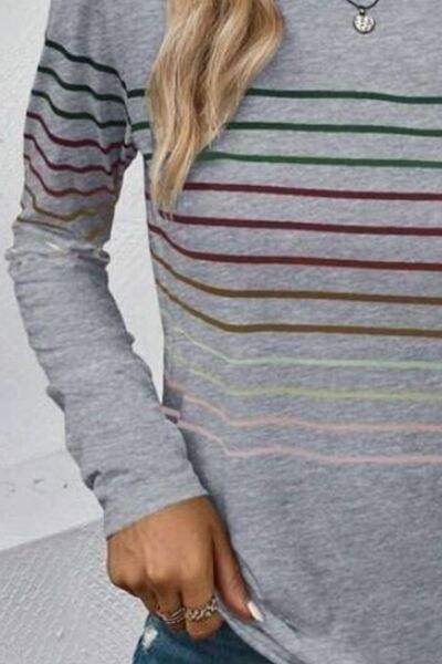 Striped Round Neck Long Sleeve T-Shirt Women's T-Shirts - Tophatter Daily Deals