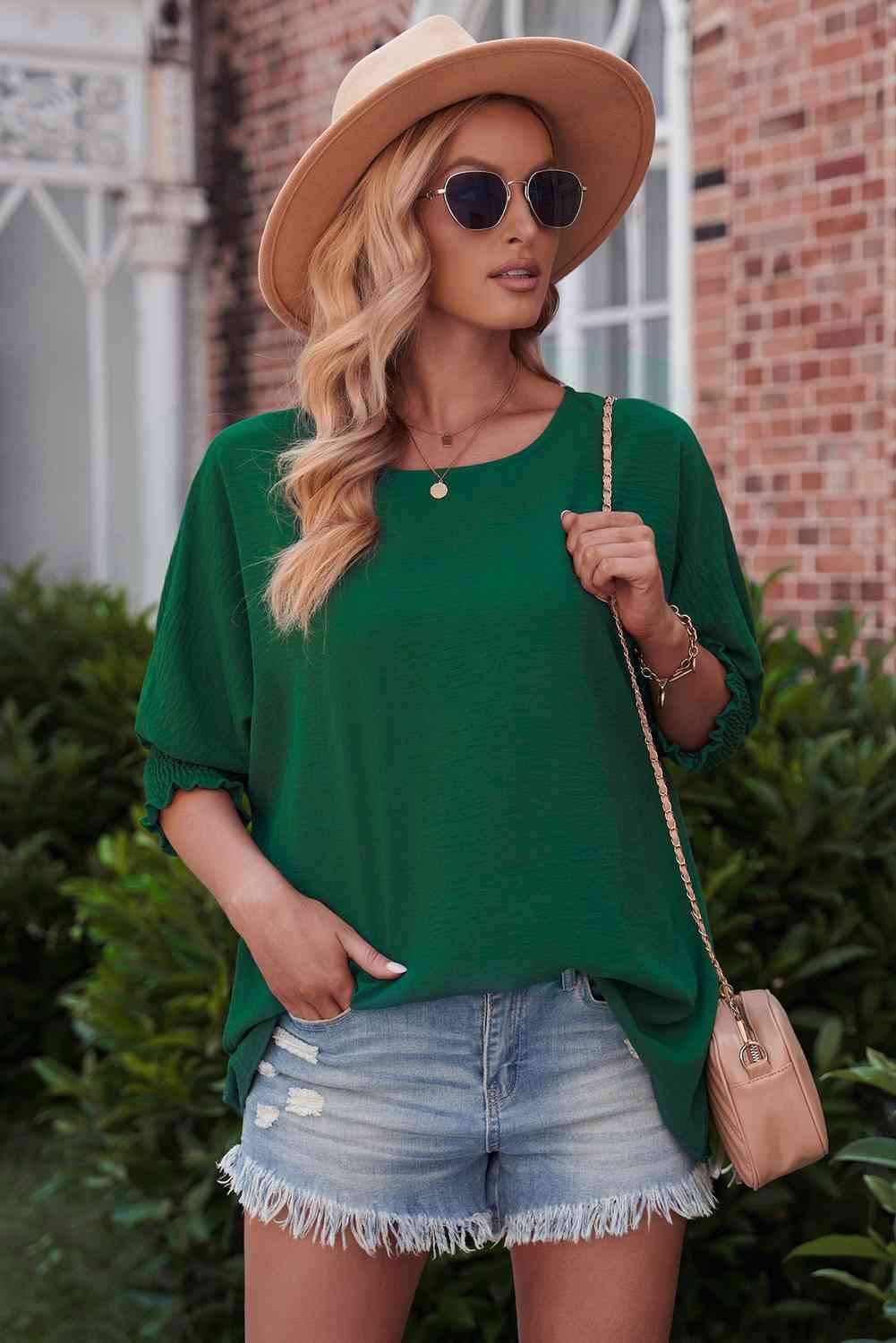 Round Neck Dolman Sleeve Textured Blouse Blouses - Tophatter Daily Deals