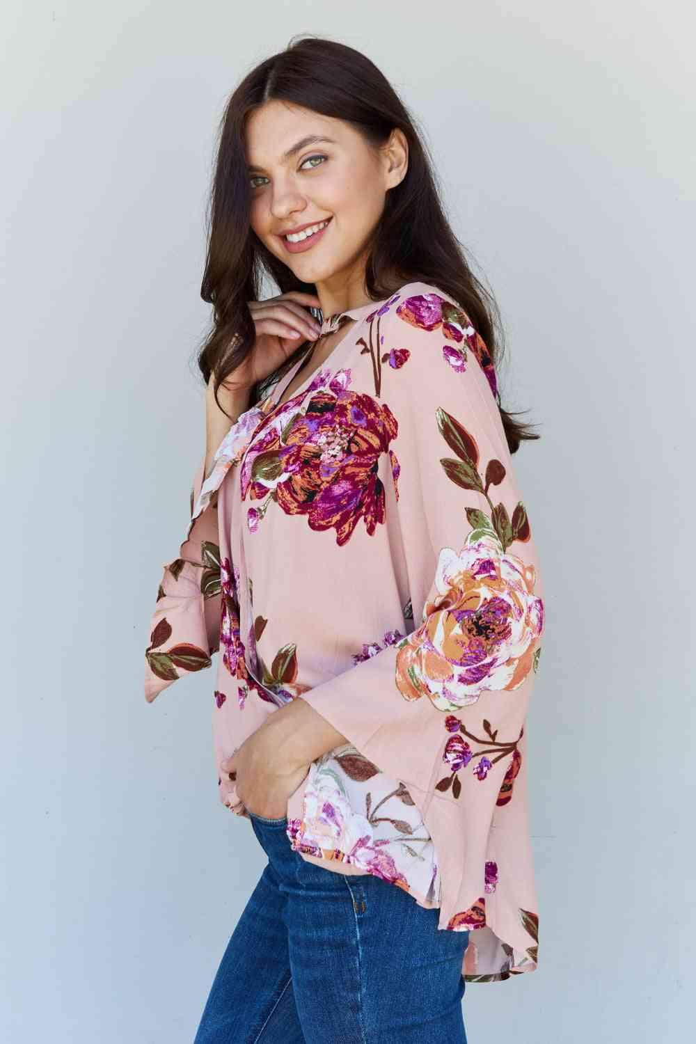 ODDI Full Size Floral Bell Sleeve Crepe Top Blouses - Tophatter Daily Deals