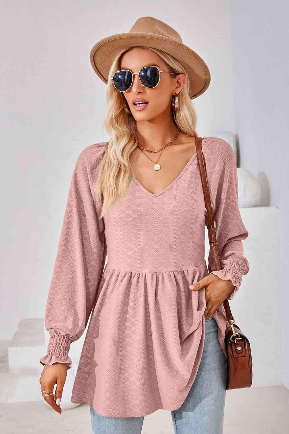 V-Neck Lantern Sleeve Blouse Dusty Pink Blouses - Tophatter Daily Deals