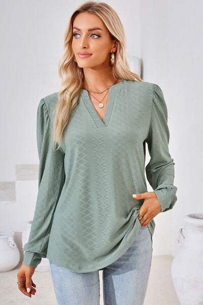 Ruched Notched Long Sleeve T-Shirt Women's T-Shirts - Tophatter Daily Deals