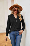 Buttoned Notched Neck Long Sleeve Top Black Blouses - Tophatter Daily Deals