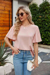 Pleated Flutter Sleeve Round Neck Blouse Blouses - Tophatter Daily Deals