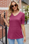 V-Neck Smocked Short Sleeve T-Shirt Women's T-Shirts - Tophatter Daily Deals