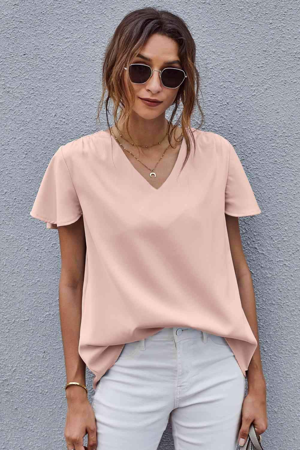 V-Neck Flutter Sleeve Blouse Peach Blouses - Tophatter Daily Deals