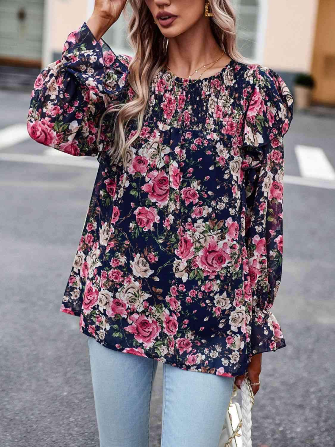 Smocked Round Neck Flounce Sleeve Blouse Blouses - Tophatter Daily Deals