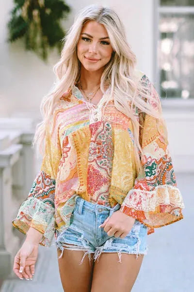 Double Take Printed Lace Trim Buttoned Blouse Multicolor Blouses - Tophatter Daily Deals