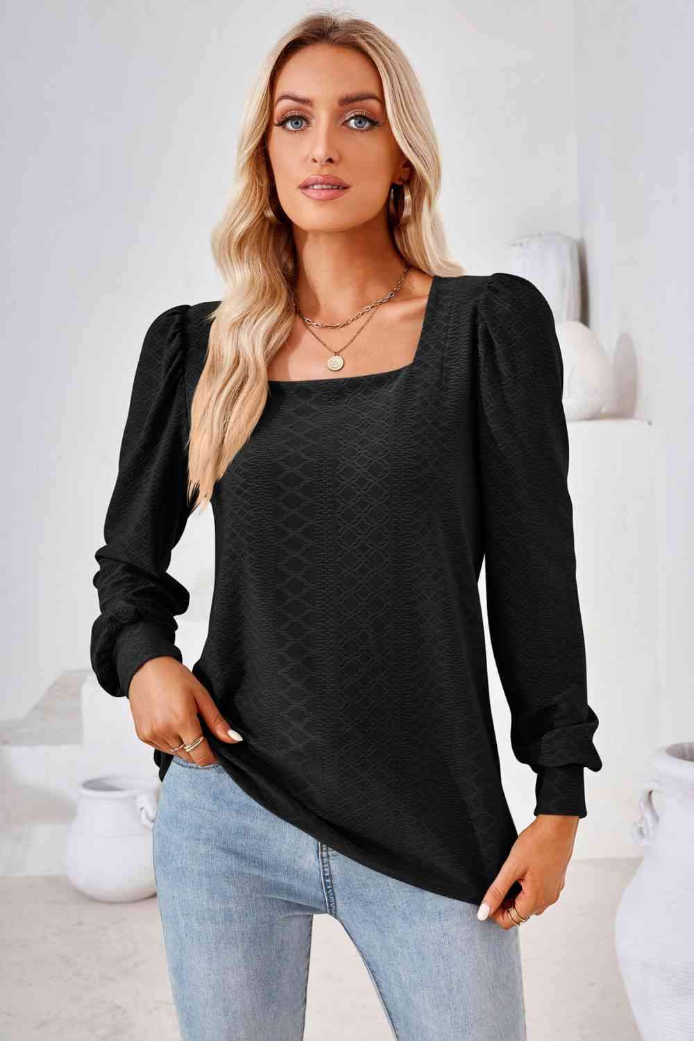 Square Neck Puff Sleeve Blouse Black Blouses - Tophatter Daily Deals