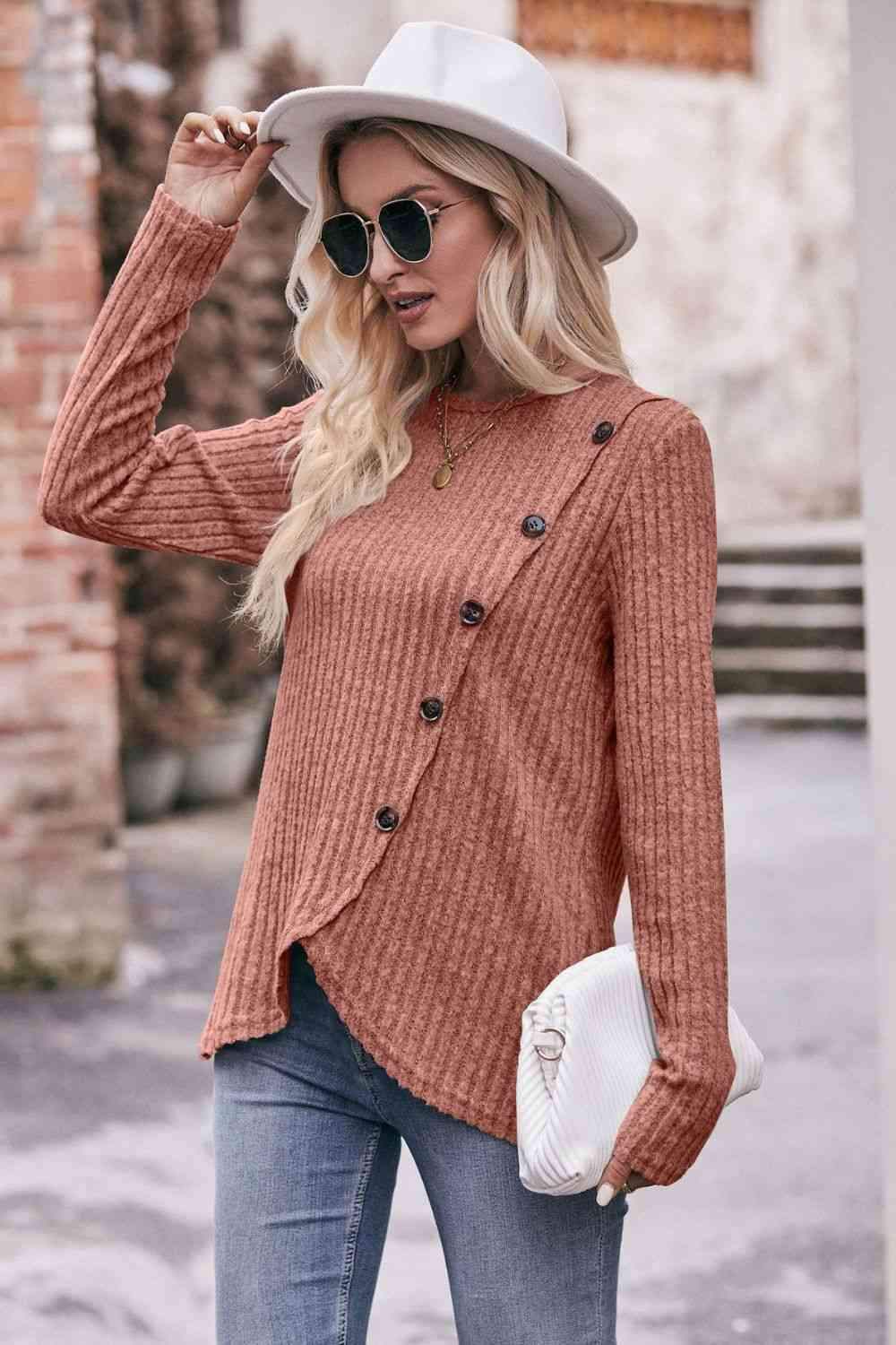 Double Take Ribbed Round Neck Buttoned Long Sleeve Tee Women's T-Shirts - Tophatter Daily Deals