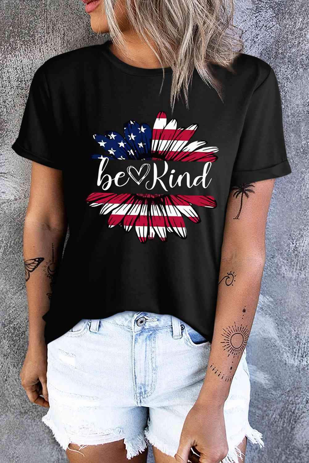 BE KIND US Flag Graphic Round Neck Tee Women's T-Shirts - Tophatter Daily Deals